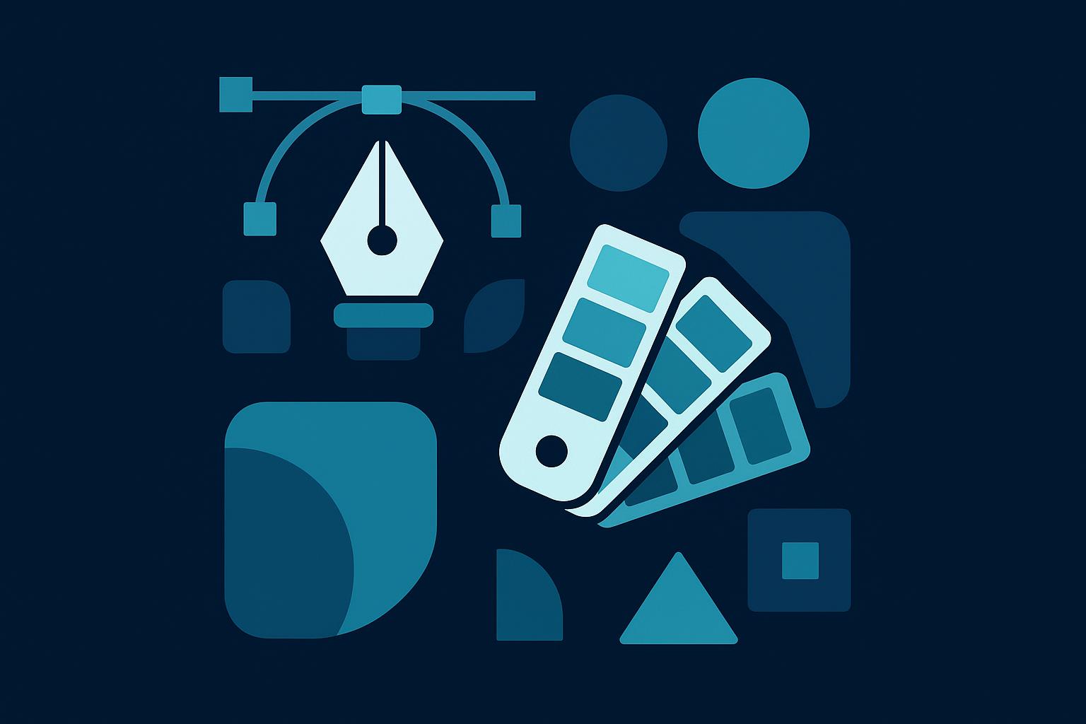 Graphic design tools illustration featuring a pen tool, bezier curves, color swatches, and geometric shapes in blue tones