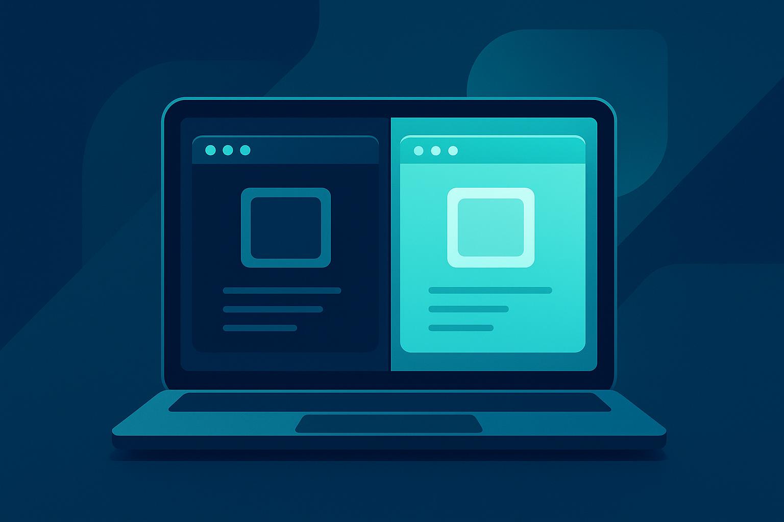 Laptop screen showing dark and light theme UI comparison with card layouts on deep blue background