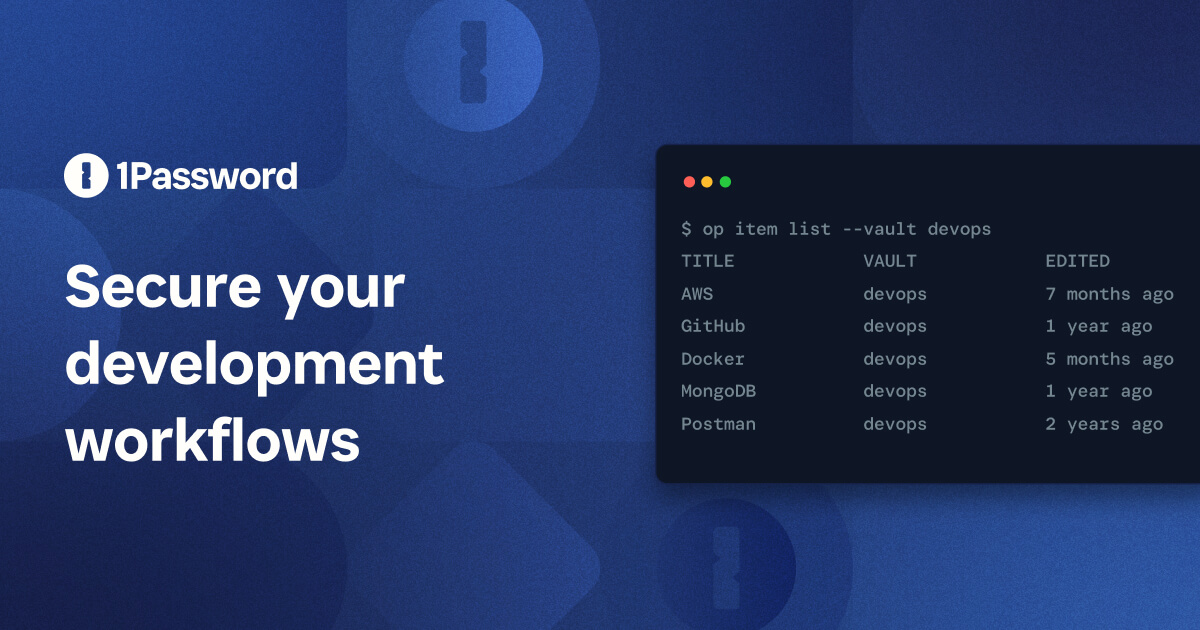 1Password CLI terminal showing devops vault with AWS, GitHub, Docker, MongoDB, and Postman credentials secured