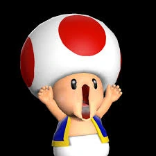 Toad character from Nintendo's Super Mario Bros, a small mushroom-headed figure with red spots, arms raised in surprise