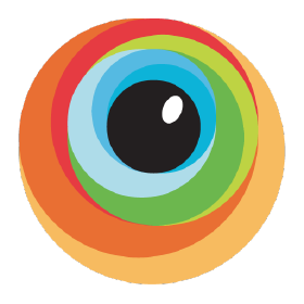 Colorful concentric circles forming an eye shape with orange, red, green, blue, and black layers — Aquion logo