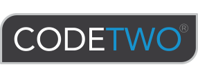 CodeTwo logo featuring white and blue text on a dark gray rounded rectangle background