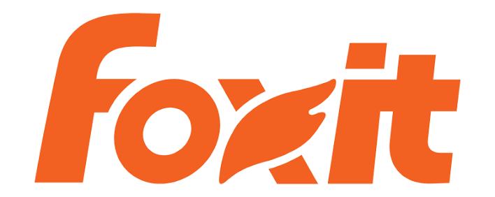Foxit logo in orange text with a stylized fox tail integrated into the letter X on a white background