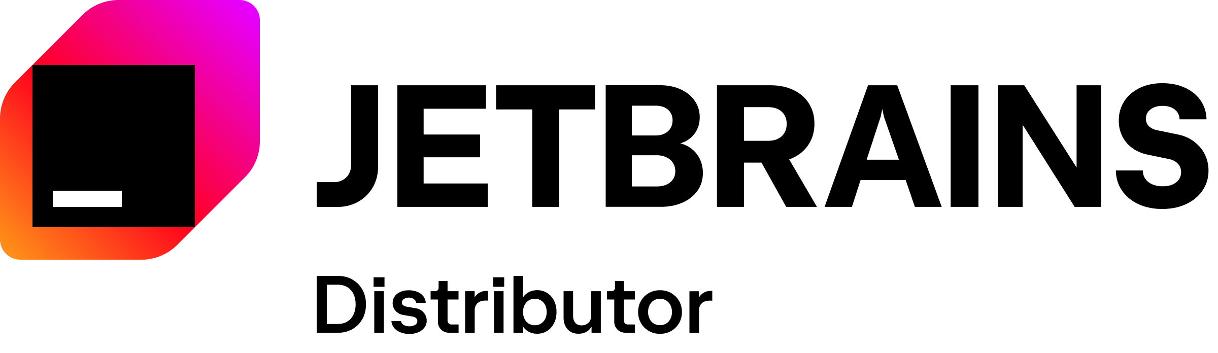 JetBrains Distributor logo with gradient pink-orange icon and bold black wordmark on white background