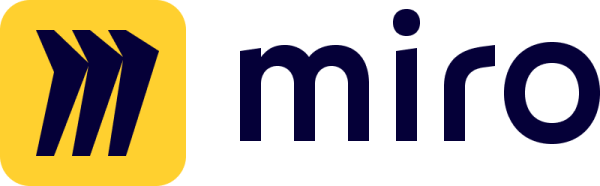 Miro logo featuring a yellow rounded square icon with dark arrows and bold navy blue wordmark