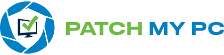 Patch My PC logo featuring a blue shield with monitor icon and green and blue text on white background