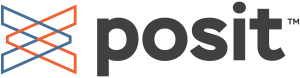 Posit logo featuring an abstract interwoven geometric icon in orange and blue beside bold dark gray "posit" wordmark