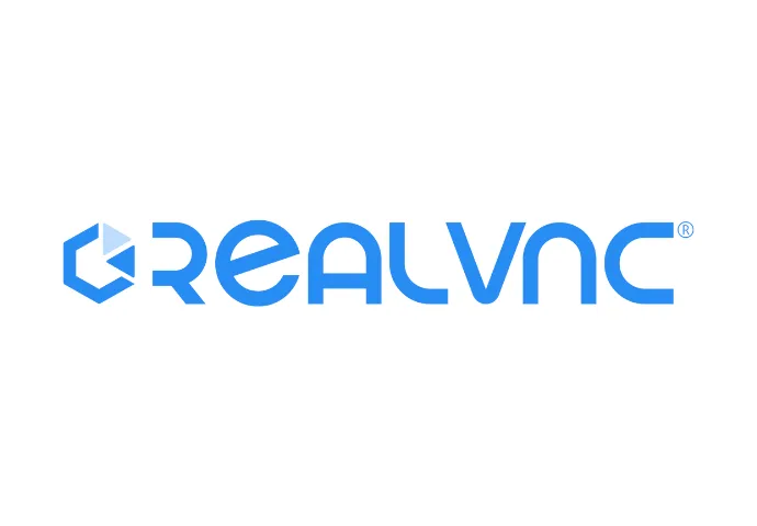 RealVNC logo in blue featuring a hexagonal icon with a play symbol and bold modern typography